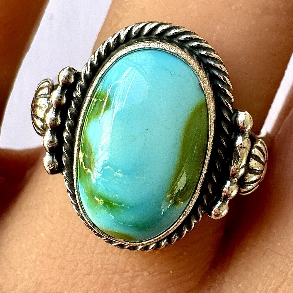 Navajo Sonoran Gold Turquoise Ring Sz 9 Signed Yellowhair Sterling Native Amer